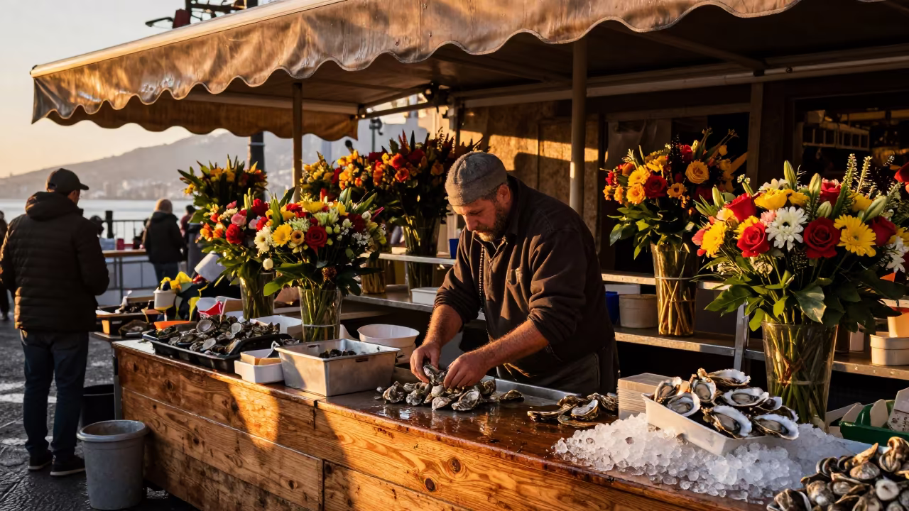 Oyster Vendor at Naples Flower Auction in at a flower auction bench in Vomero, Naples