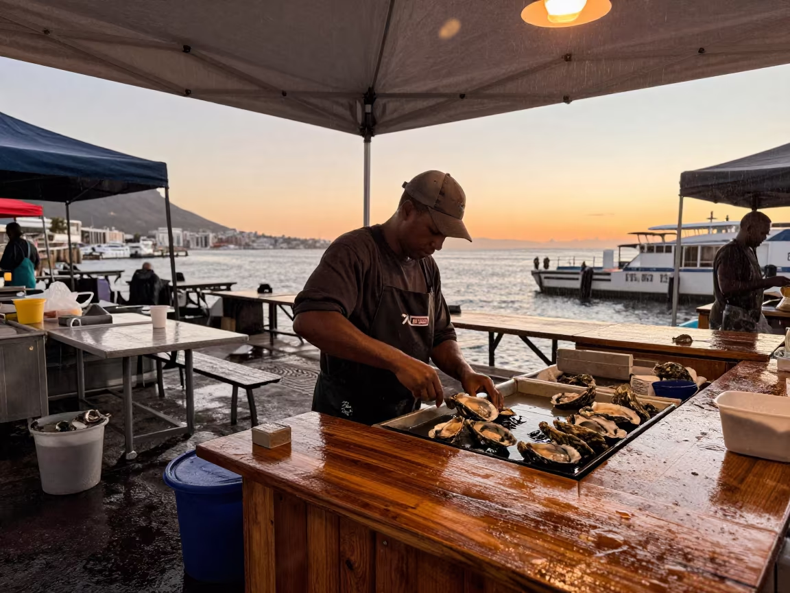 Oyster Vendor Shucking at Cape Town Harbor Market in under a market canopy in Cape Town
