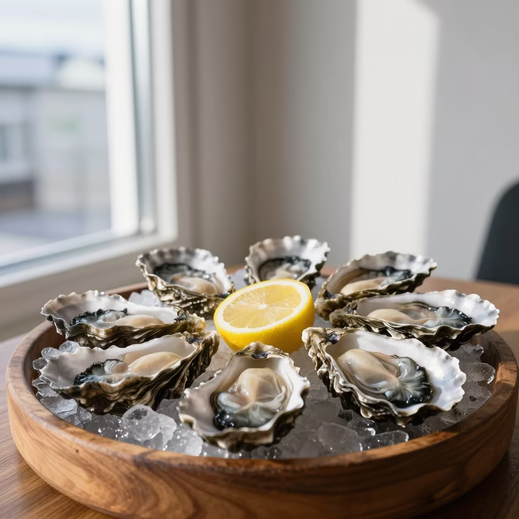 Oysters on Ice with Lemon in Reykjavik Tea House in on a tea house tray in Reykjavik