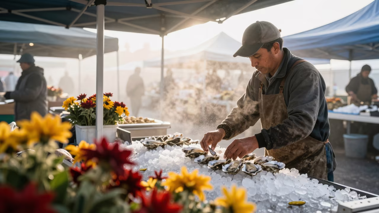 Oysters on Ice at Anchorage Flower Market in at a flower auction bench in Anchorage
