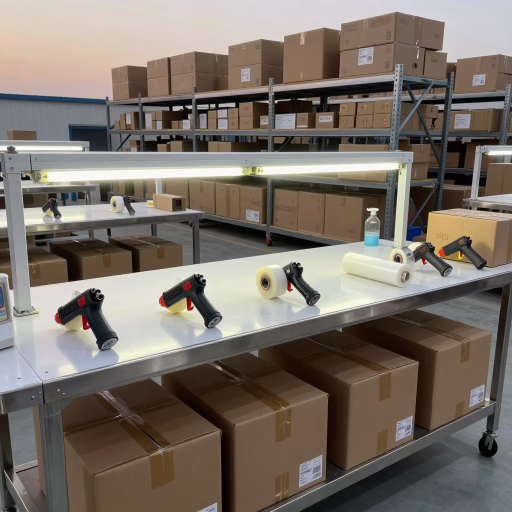 Packing Station Before Dawn Ajmer Warehouse in along inventory racks under cool warehouse light near Ajmer