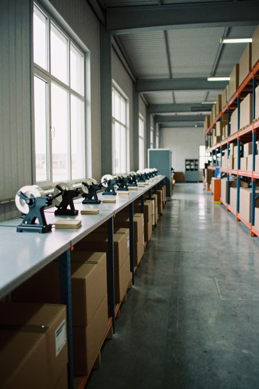 Packing Station With Tape Guns And Void Fill in inside a warehouse aisle near Windhoek