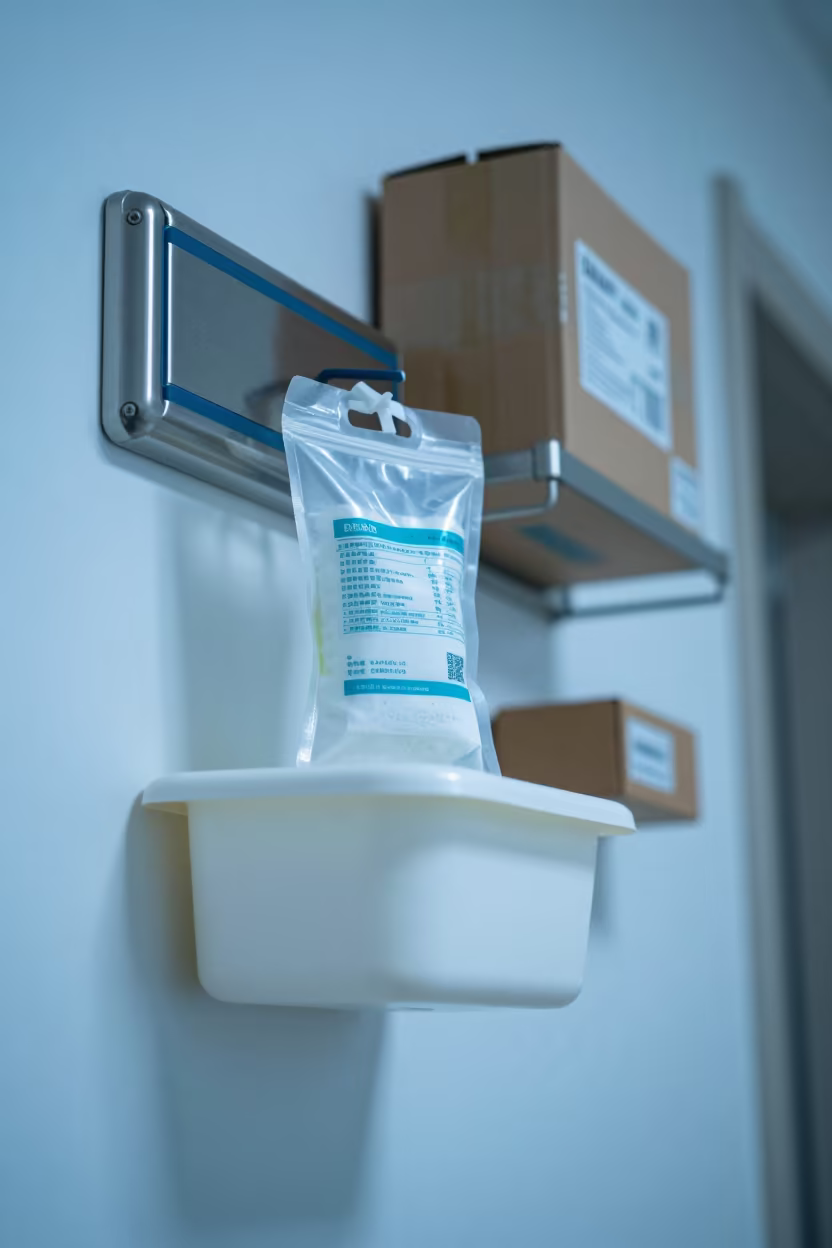 PACU Emesis Bin Under Blue Hour Light in inside a hospital corridor in Jinan