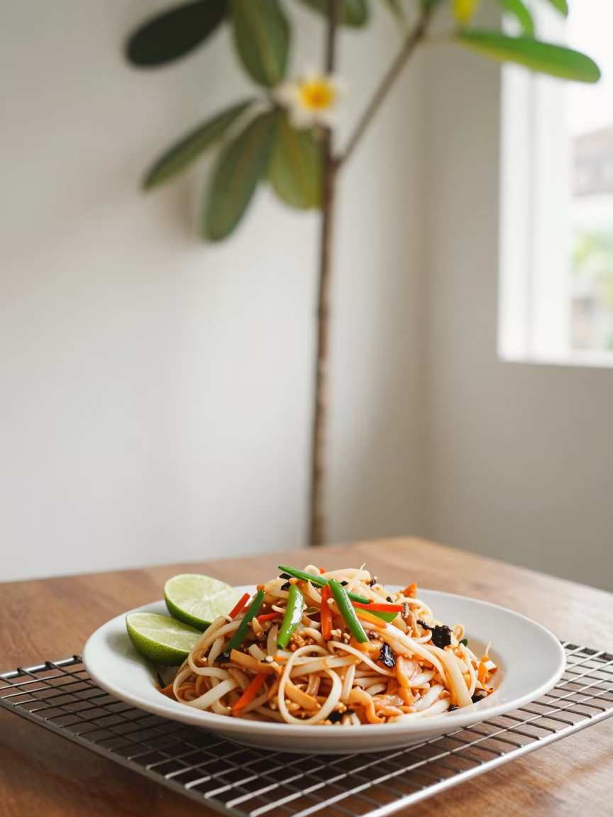 Pad Thai on Cooling Rack with Giant Flower in on a bakery cooling rack in Bangkok