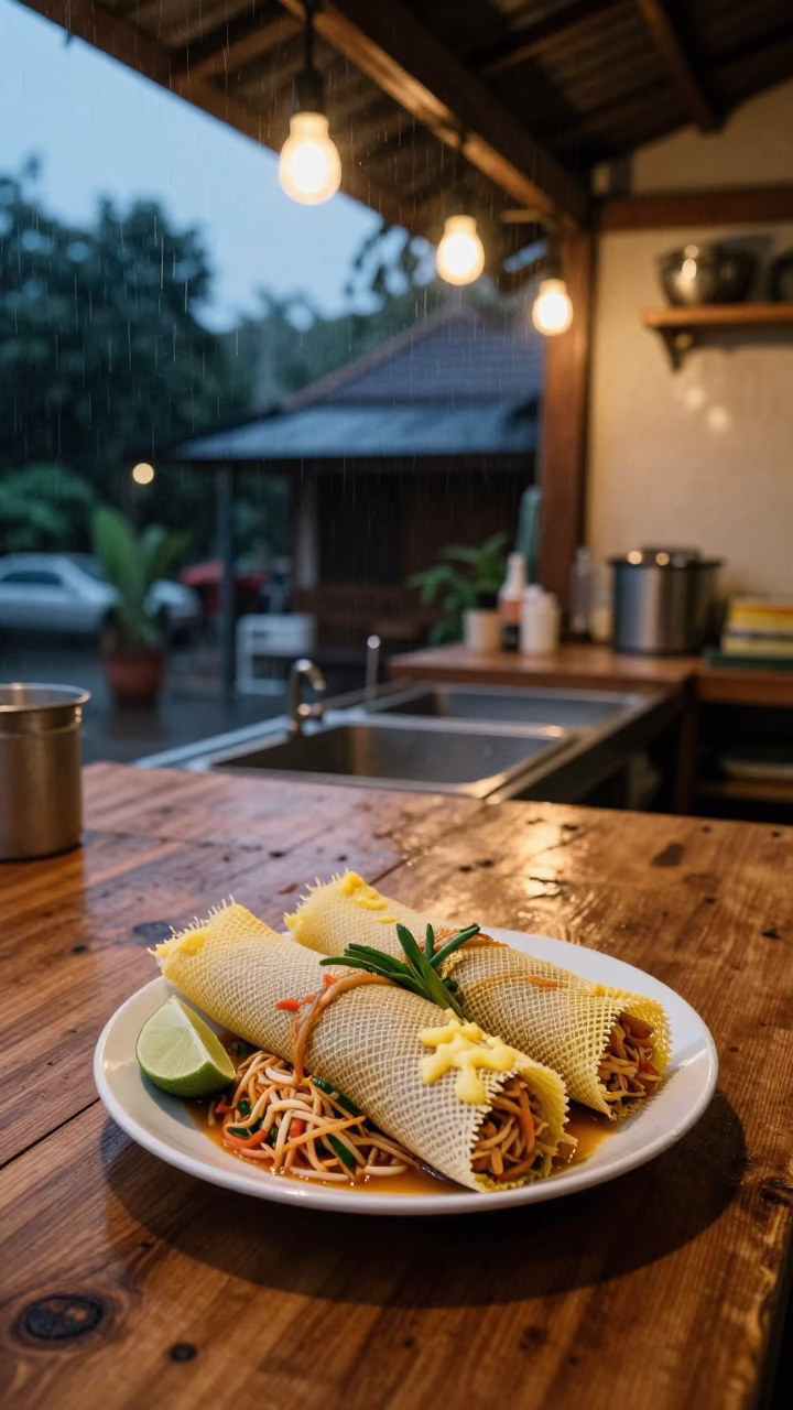 Pad Thai in Egg Net with Lime on Chiang Mai Worktop in on a kitchen worktop in Chang Moi, Chiang Mai