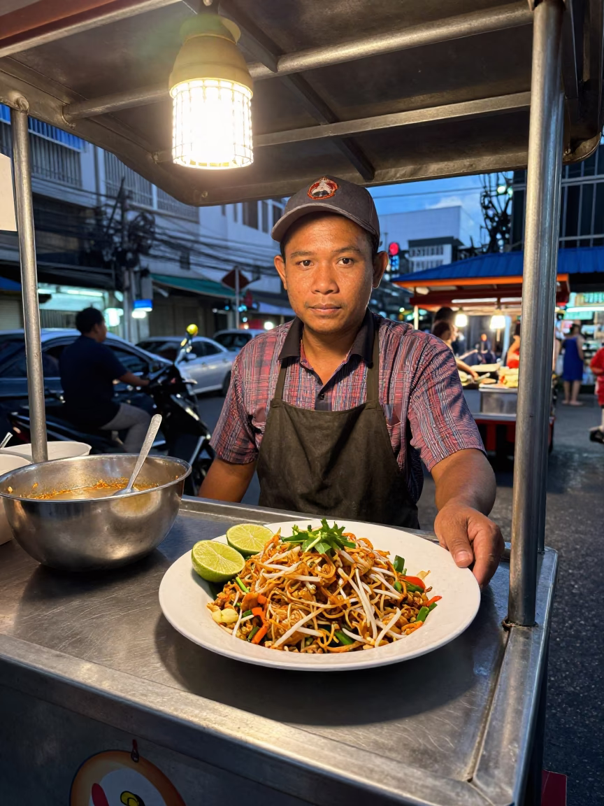 Pad Thai in Bangkok at As City Lights Begin To Glow in in Bangkok, Thailand
