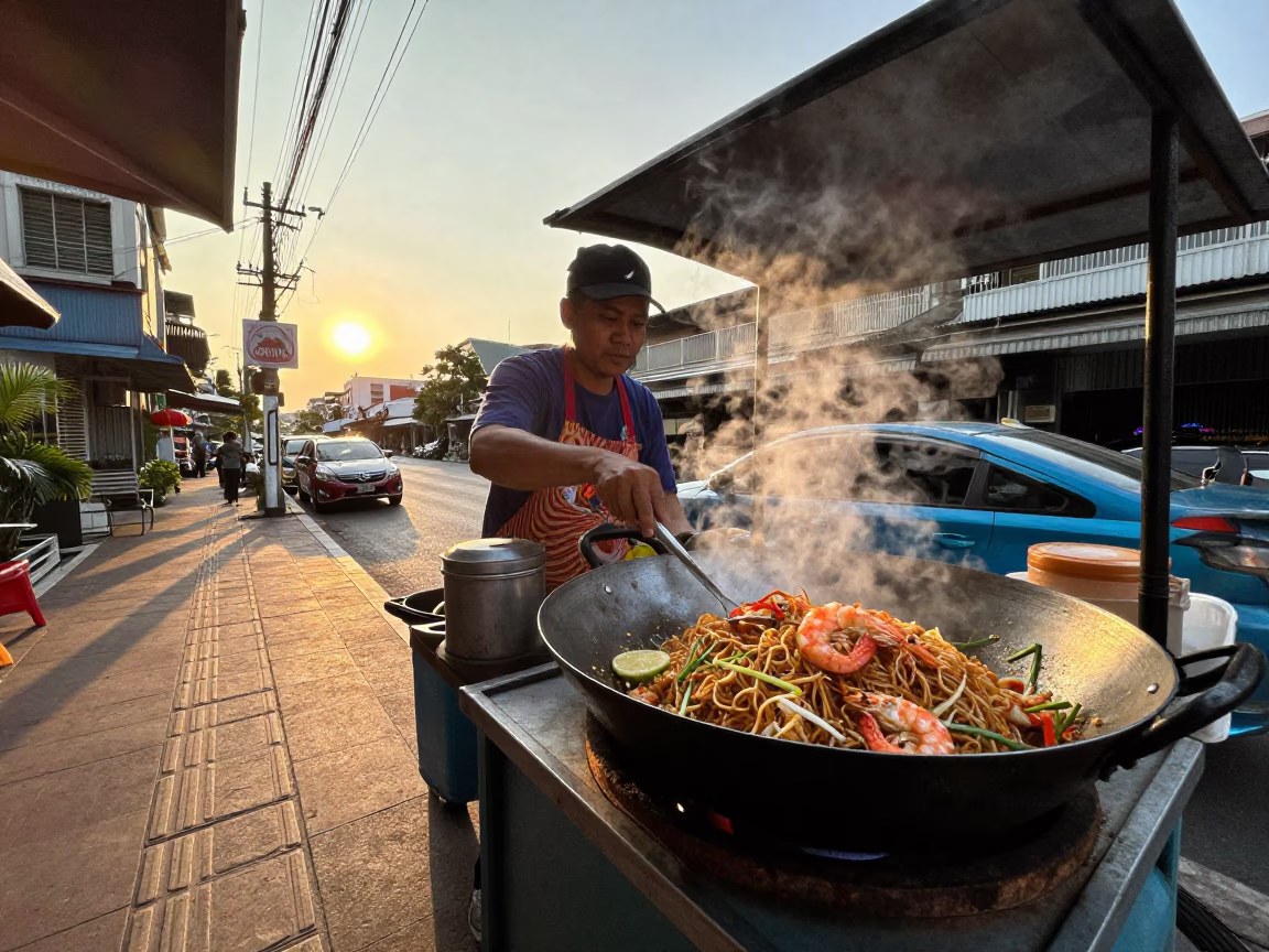 Pad Thai in Bangkok at As The Sun Drops Toward The Horizon in in Bangkok, Thailand