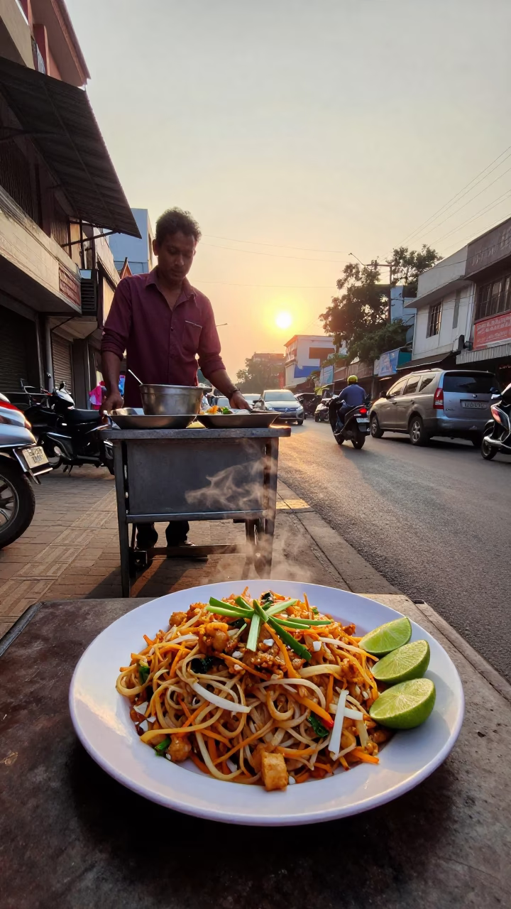 Pad Thai in Delhi at As The Sun Drops Toward The Horizon in in Delhi, India