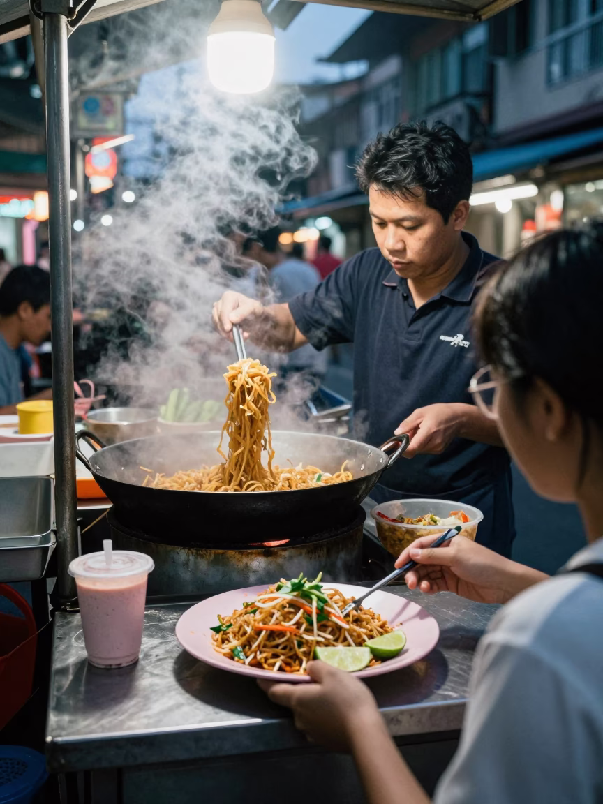 Pad Thai in Kaohsiung at As City Lights Begin To Glow in in Kaohsiung, Taiwan