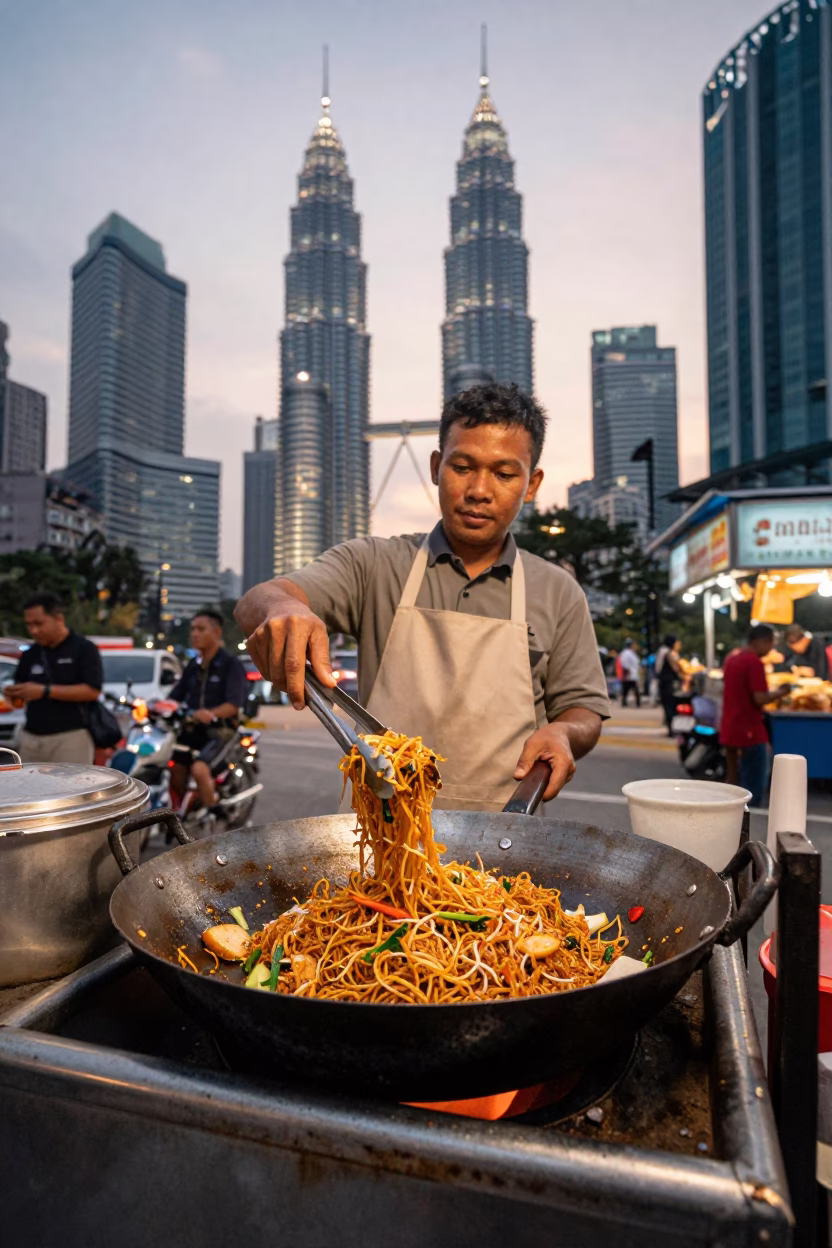 Pad Thai in Kuala Lumpur at Copper-toned Light Before Dusk in in Kuala Lumpur, Malaysia