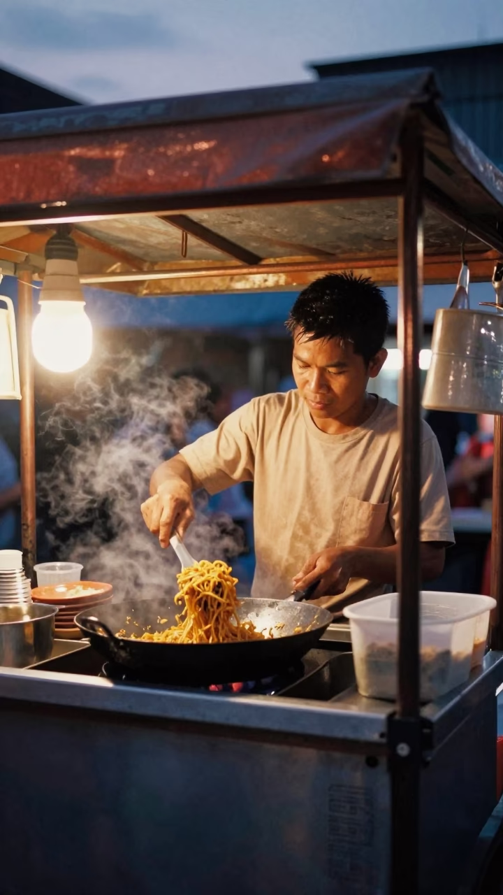Pad Thai in Phuket at Copper-toned Light Before Dusk in in Phuket, Thailand