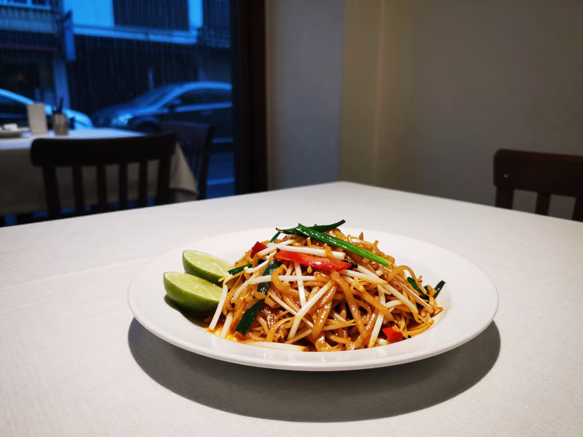 Pad Thai with Lime on Linen in Bangkok Twilight in on a linen-covered restaurant table in Charoen Krung, Bangkok