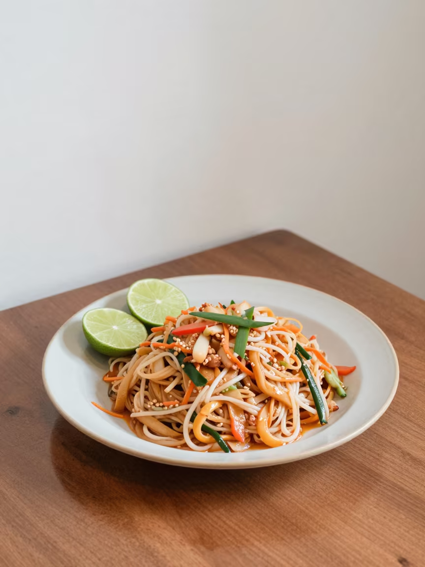Pad Thai and Lime Wedges on Ceramic Plate in on a ceramic plate by a window in Talat Noi, Bangkok