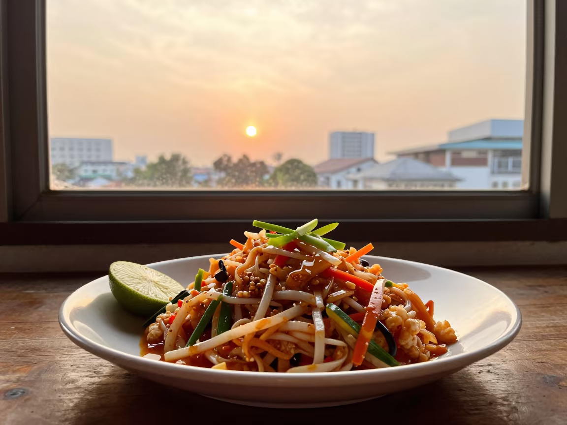 Pad Thai Plate with Lime by Bangkok Window in on a ceramic plate by a window in Charoen Krung, Bangkok