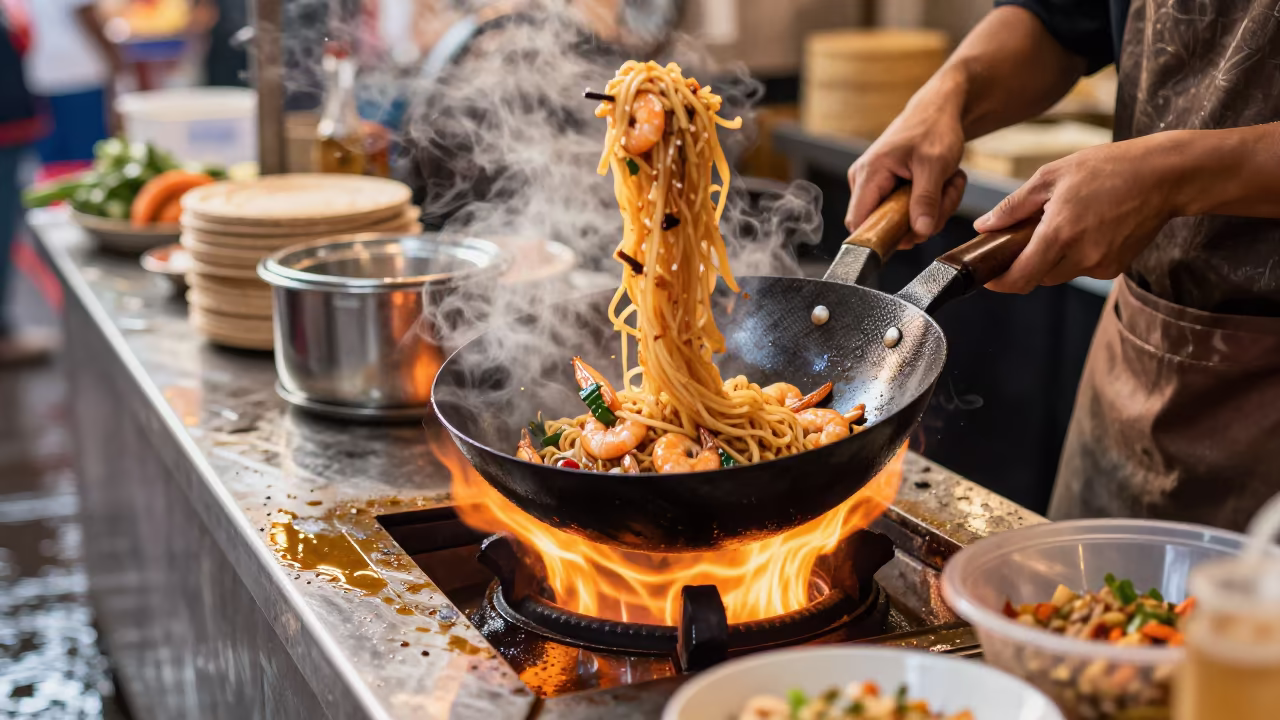 Pad Thai Wok Toss Over High Flame at Chiang Mai Market in at a fish market counter near Night Bazaar, Chiang Mai