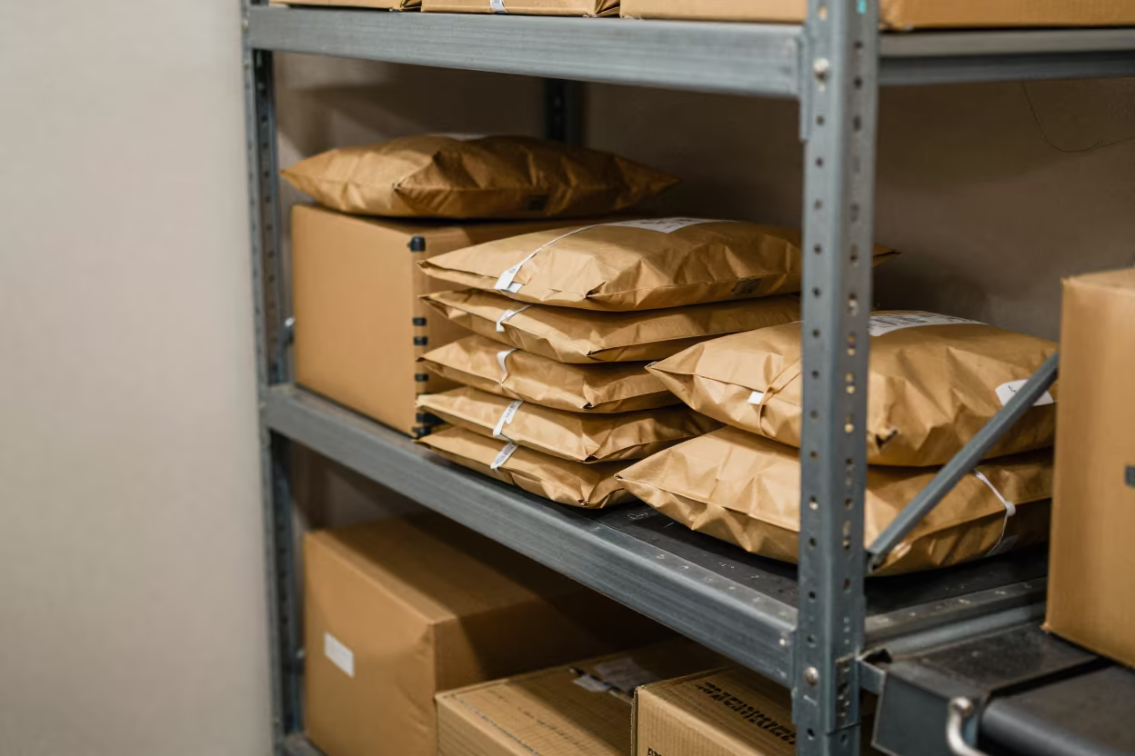 Padded Envelopes on Logistics Shelving Unit in at a parcel sorting belt near Gujranwala