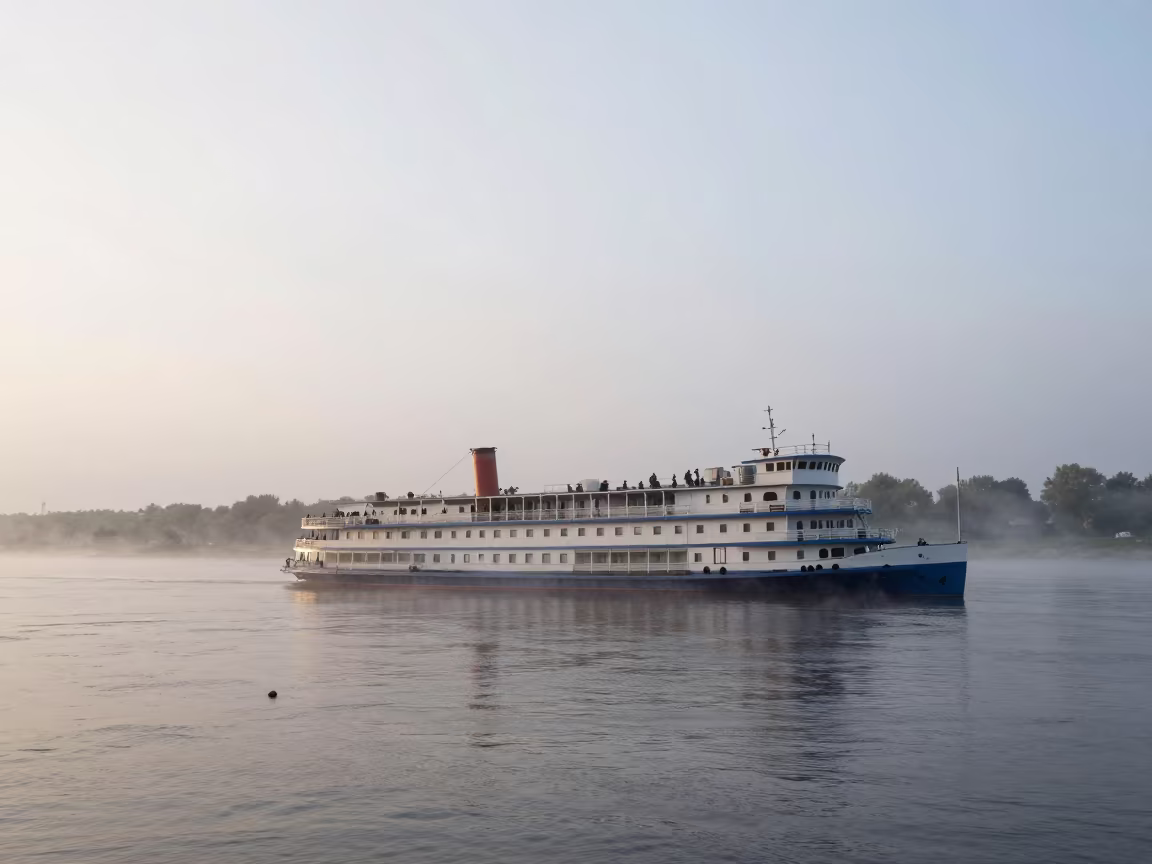 Paddlewheel Steamboat on River with Sharp Fog Line in near Obninsk