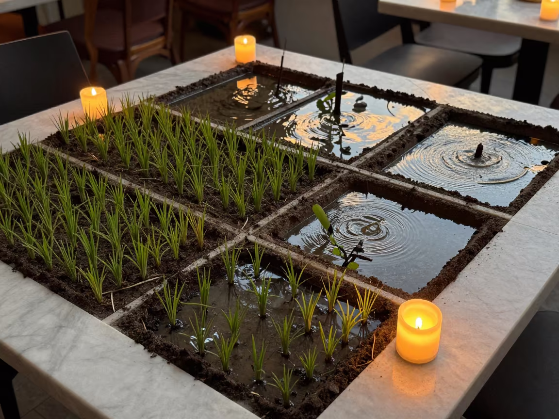 Paddy Fields Fish Ponds Tabletop Still Life in on a marble cafe table in Belo Horizonte