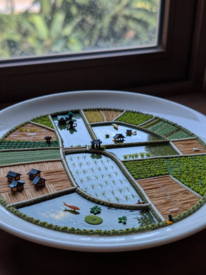 Paddy Fish Pond Patchwork on Ceramic Plate in on a ceramic plate by a window in Burewala