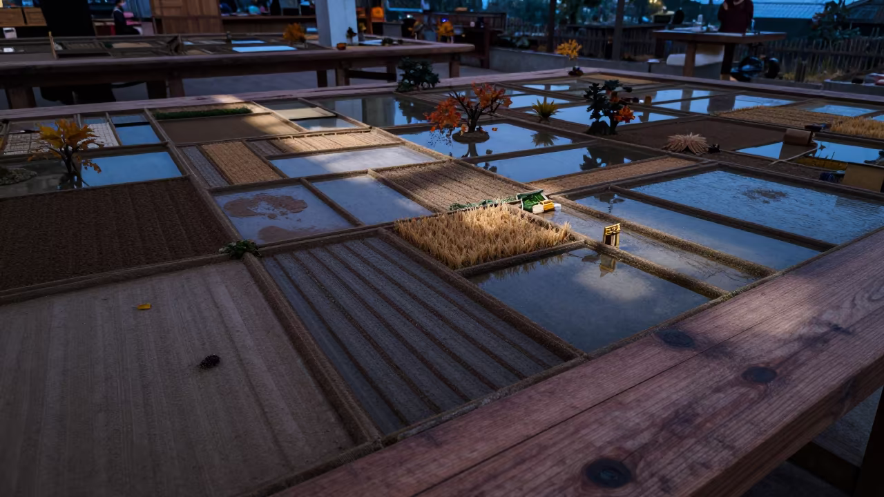 Paddy and Fish Pond Patchwork on Rustic Wood in on a rustic wooden table in Erzurum