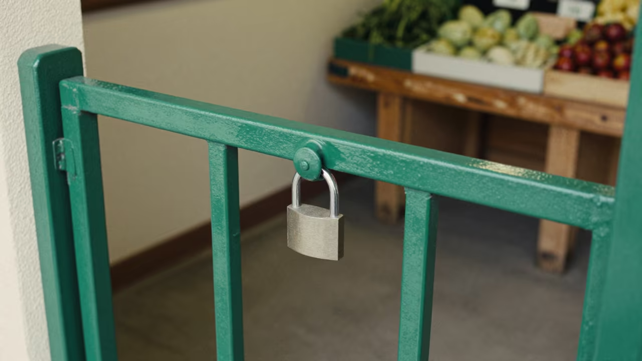 Padlock on Green Gate in Nagasaki Produce Hall in on a painted produce display table in Nagasaki