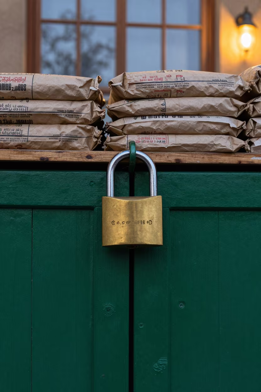 Padlock on Green Gate at Tehran Dawn in on a grocer's counter with stacked paper sacks near Tehran