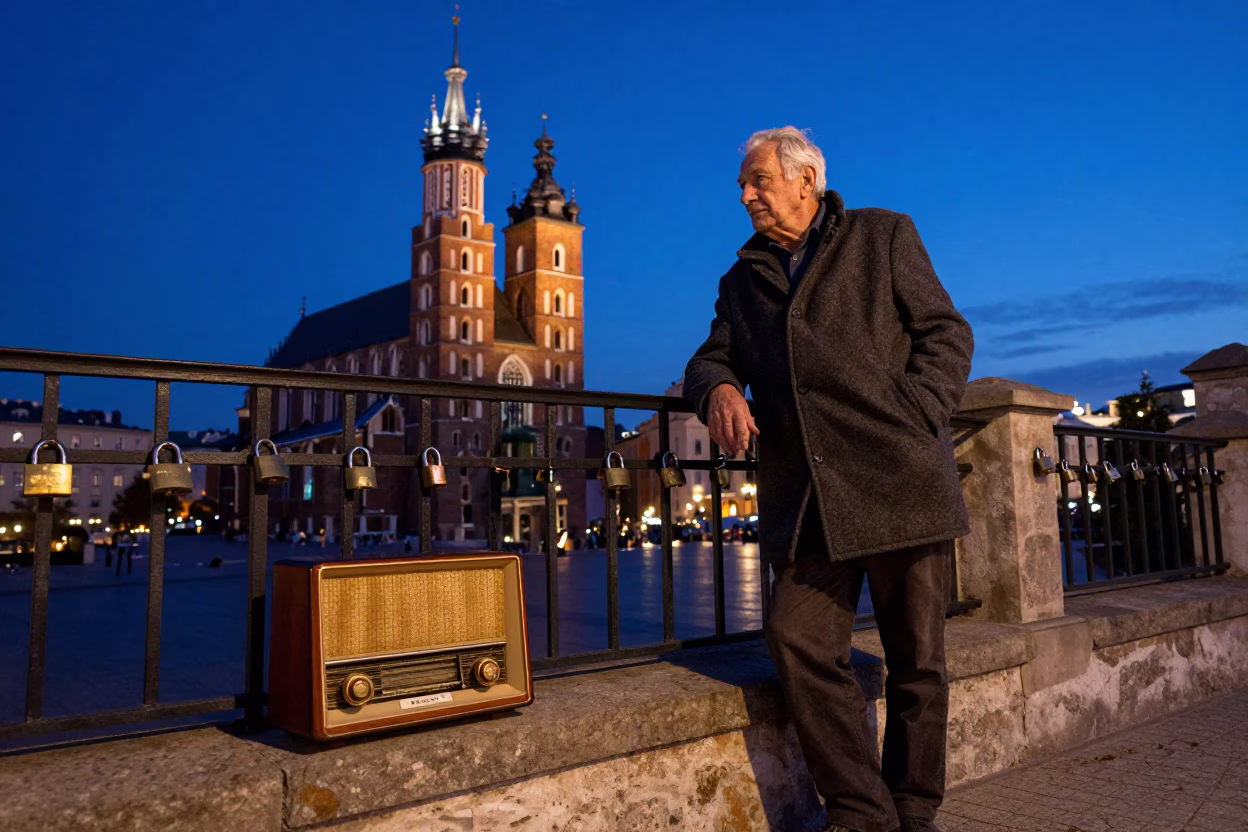 Padlock in Krakow at Indigo Twilight After Sunset in in Krakow, Poland