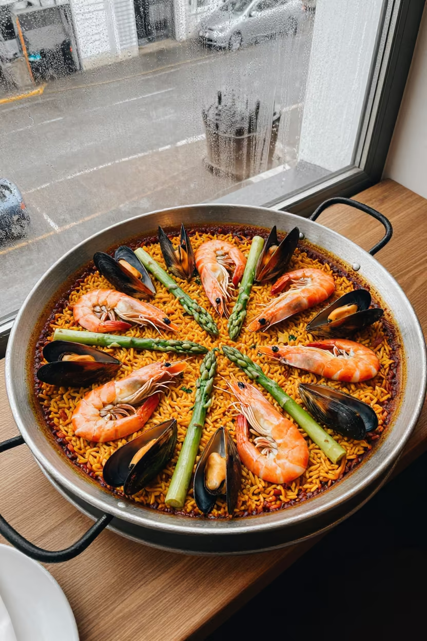 Paella in Giant Pan on Tea House Tray Munich in on a tea house tray in Haidhausen, Munich