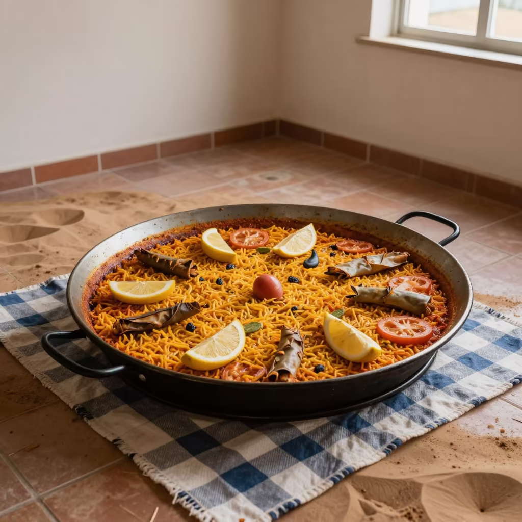 Paella Pan on Sand Dune Floor in on a picnic blanket in Yogyakarta
