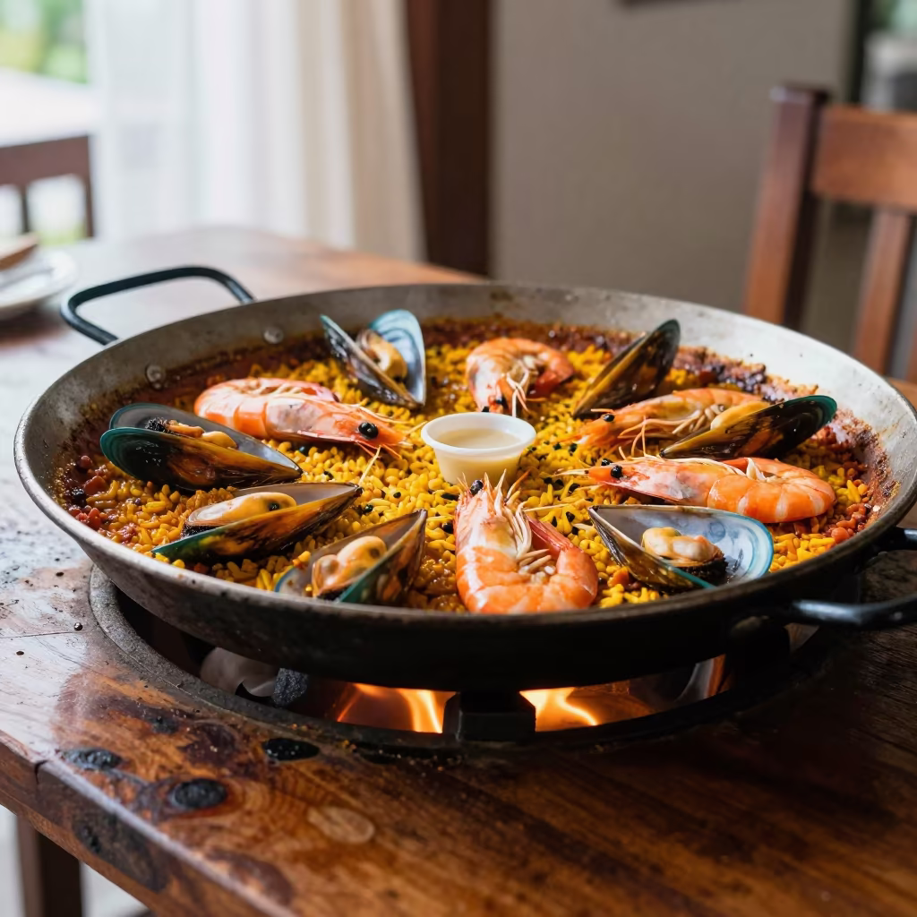 Paella Pan Seafood Over Open Flames Midmorning in on a rustic wooden table in Davao