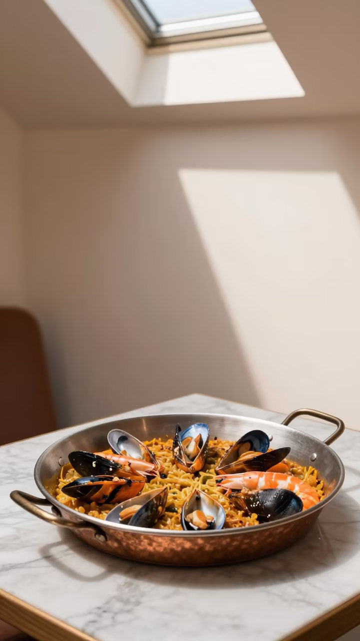Paella Pan Seafood Shadows Defy Light in on a marble cafe table in Owo