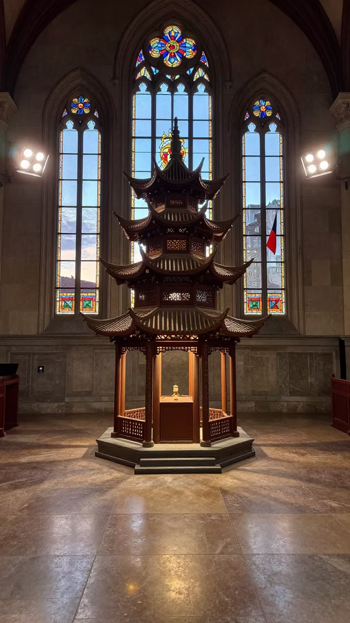 Pagoda Illuminated by Floodlights in San Francisco Chapel in in a chapel lit by stained glass in San Francisco