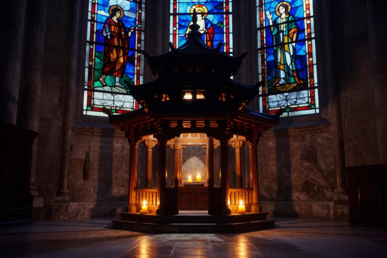 Pagoda Illuminated by Floodlights in Valencia Chapel in in a chapel lit by stained glass in Valencia