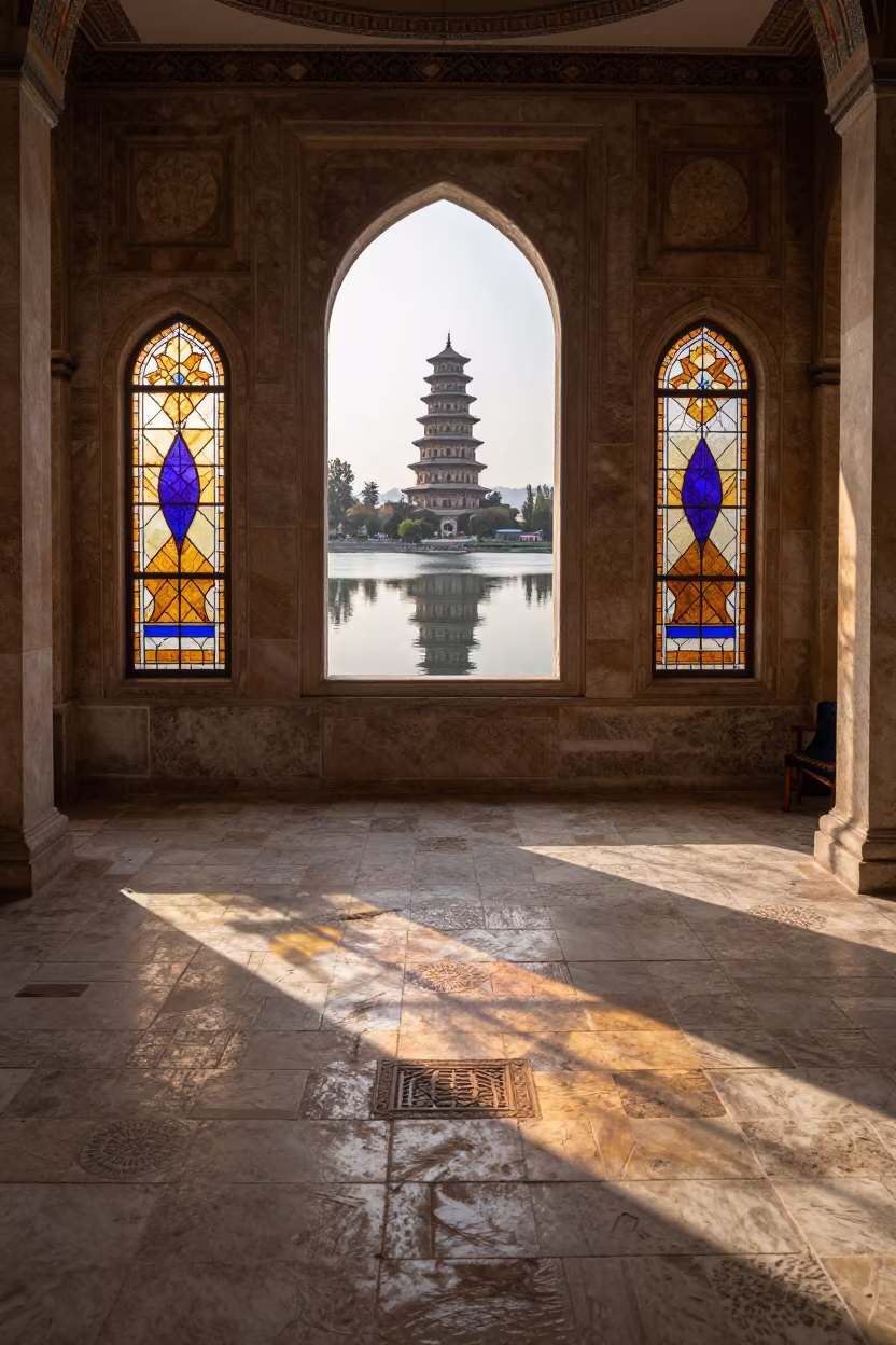 Pagoda Lake Reflection in Diyarbakir Chapel in in a chapel lit by stained glass in Diyarbakir
