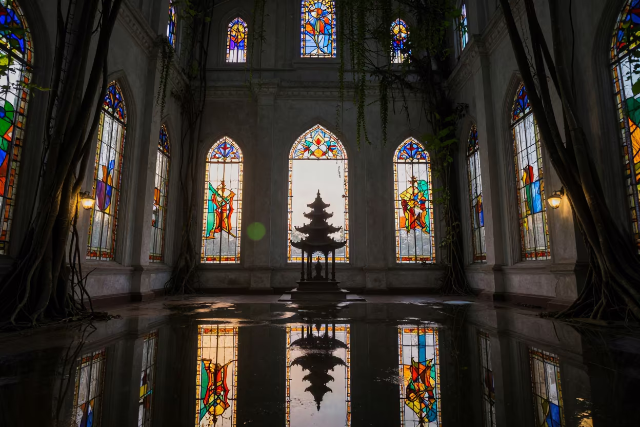 Pagoda Lake Reflection in Stained Glass Chapel in in a chapel lit by stained glass in Palembang