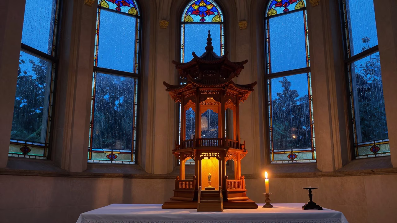 Pagoda Model Candlelight Chapel Monsoon Night in in a chapel lit by stained glass in Hafizabad