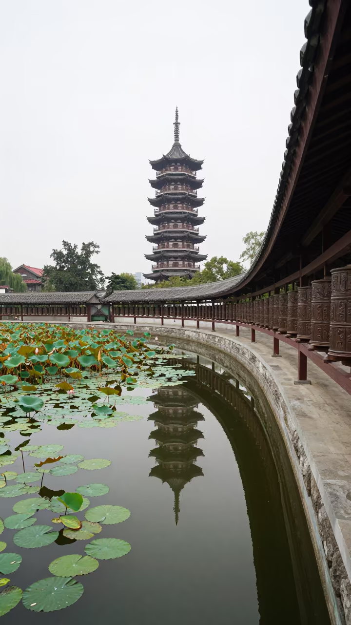 Pagoda Reflection in Lotus Pond Indoor in beside a prayer wheel corridor in Nyíregyháza