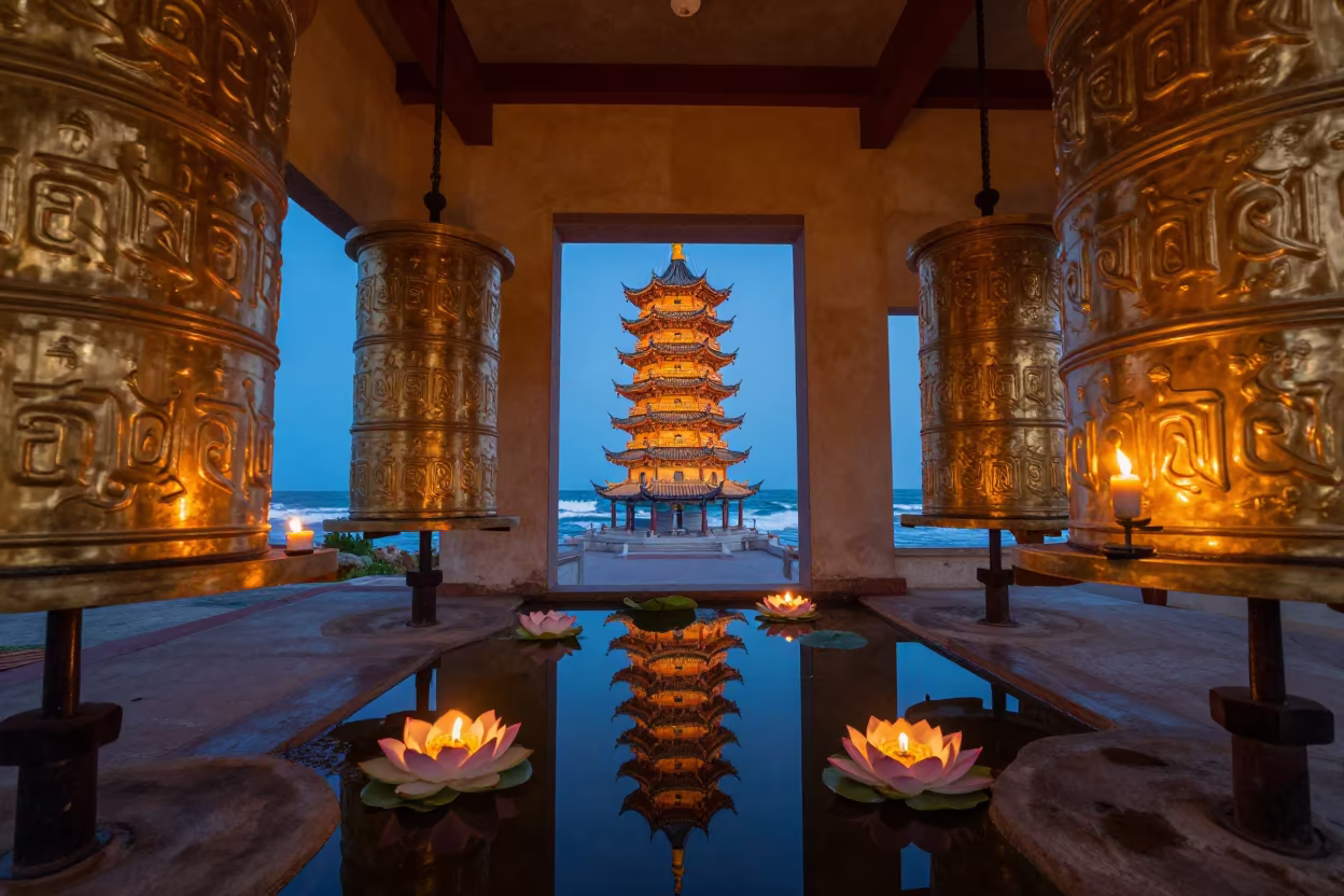 Pagoda Reflection in Lotus Pond Surreal in beside a prayer wheel corridor in Kingston upon Hull