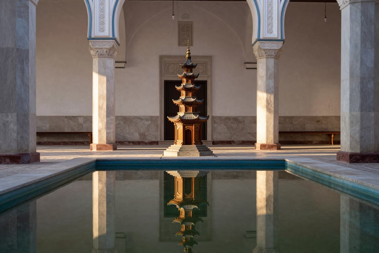 Pagoda Reflection in Mosque Dawn Light Chișinău in in a mosque prayer hall in Chișinău