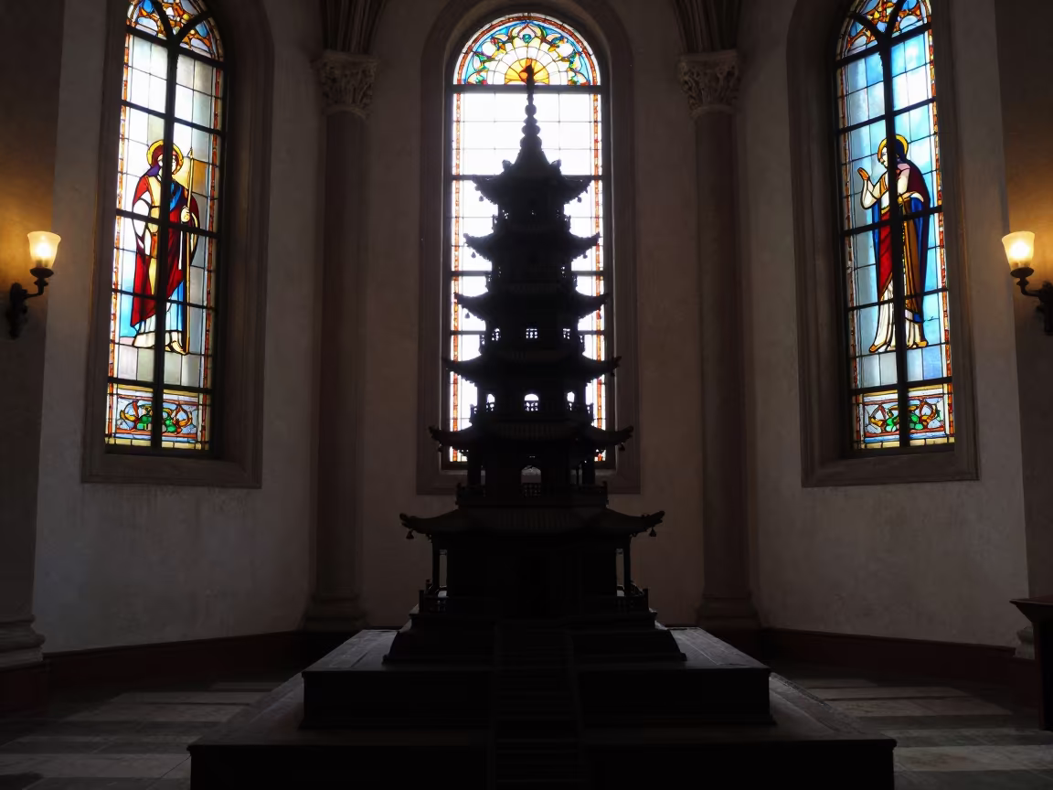 Pagoda Silhouette in Managua Chapel Dawn Light in in a chapel lit by stained glass in Managua