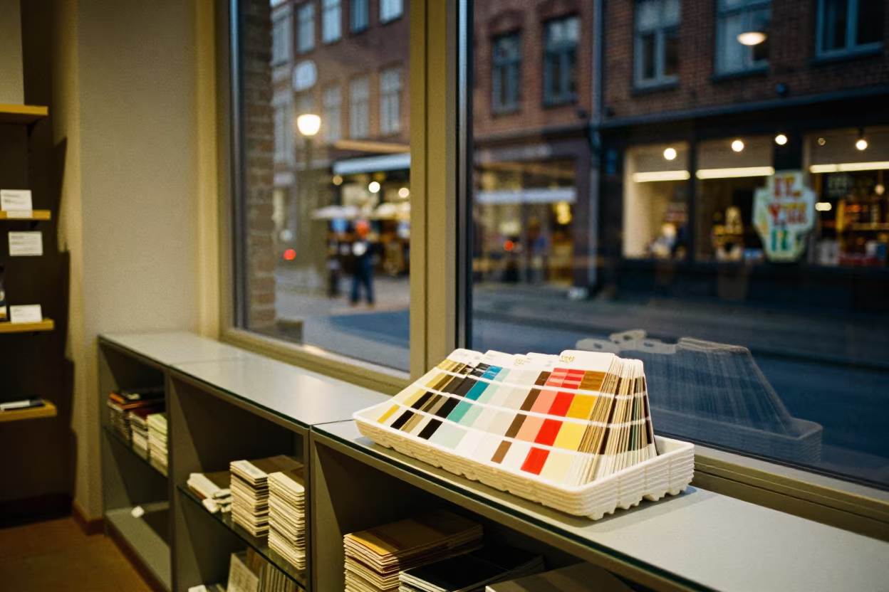 Paint Chip Tray Reset in Lübeck Store in inside a retail floor display area in Lubeck