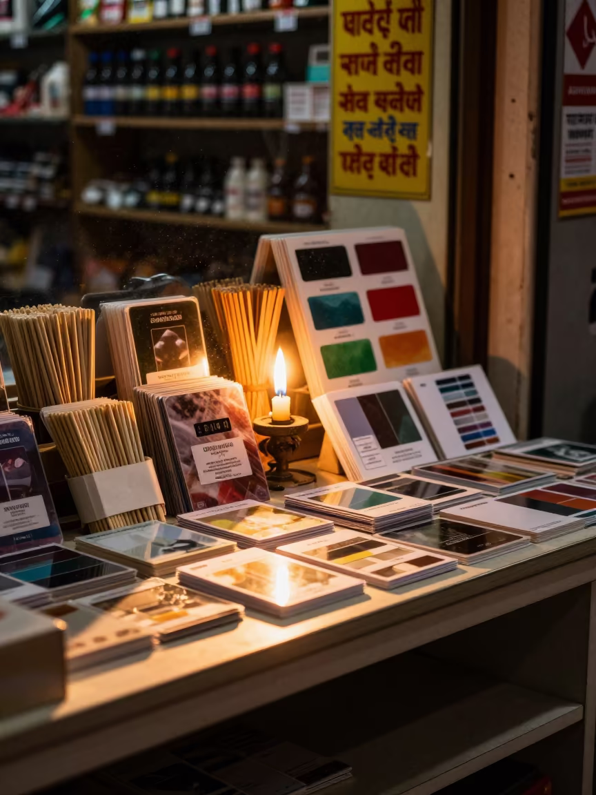 Paint Desk Sample Cards Sunset Patan Storefront in inside a storefront prepared for opening in Patan