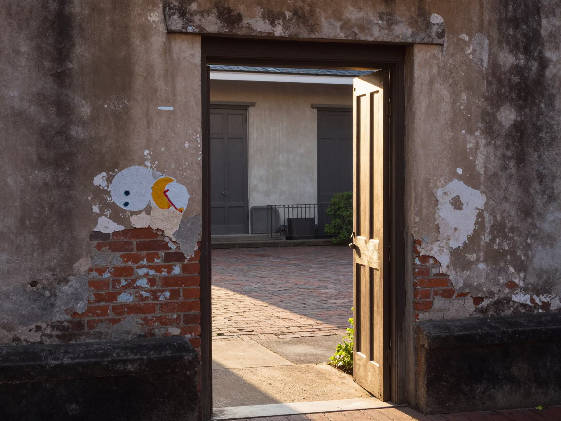 Paint Flecks on Doorframe in New Orleans Courtyard at Sunrise in in New Orleans, Louisiana, United States