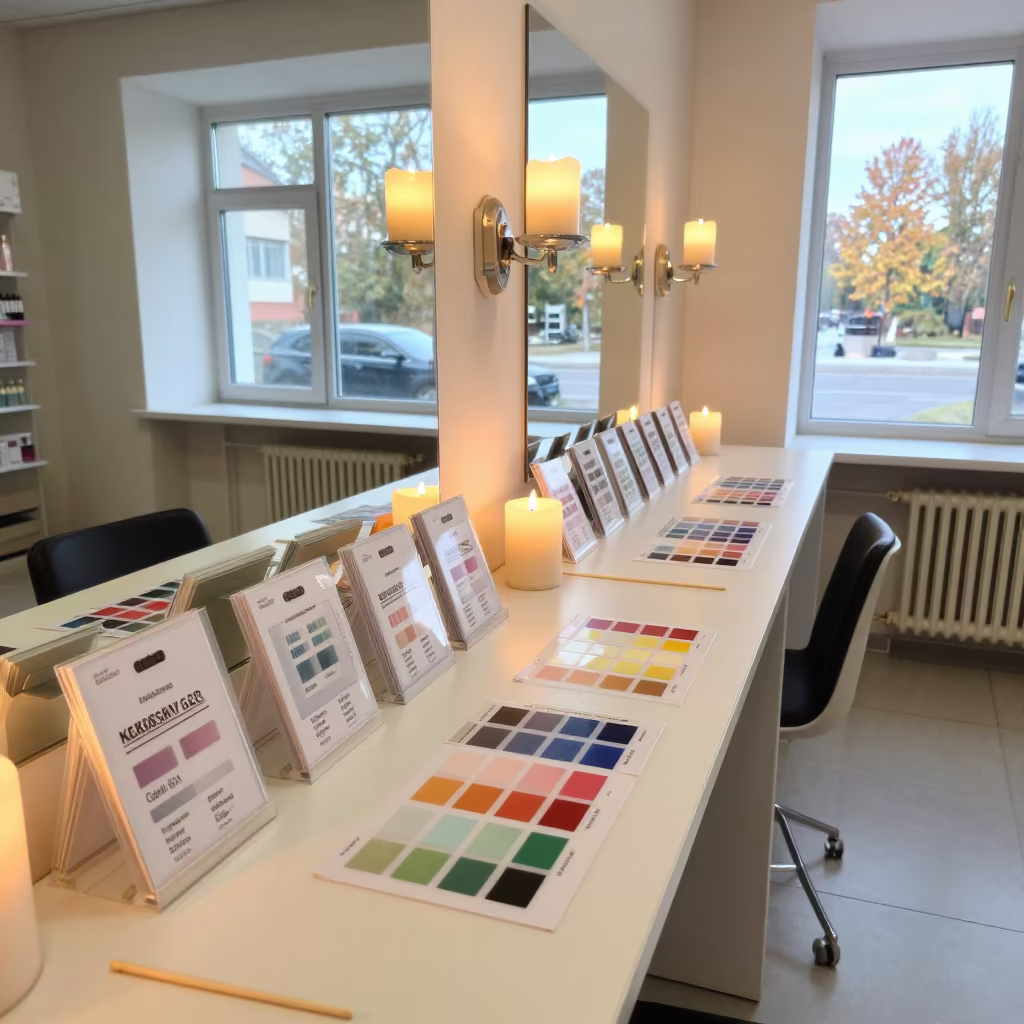 Paint Sample Desk in Evening Retail Corridor in inside a fitting room corridor in Kokshetau