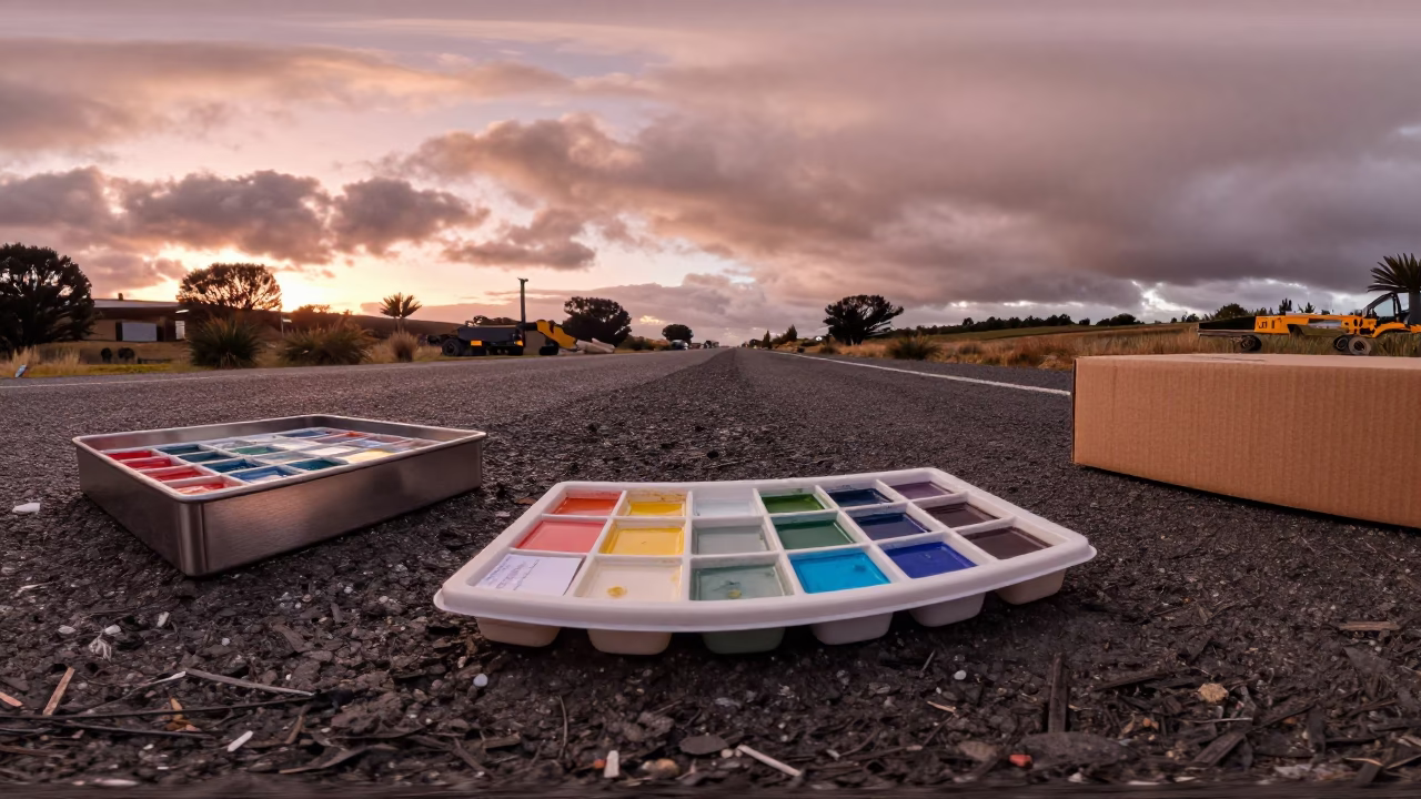 Paint Sample Tray on Muddy New Zealand Road in at a muddy site access road in New Zealand