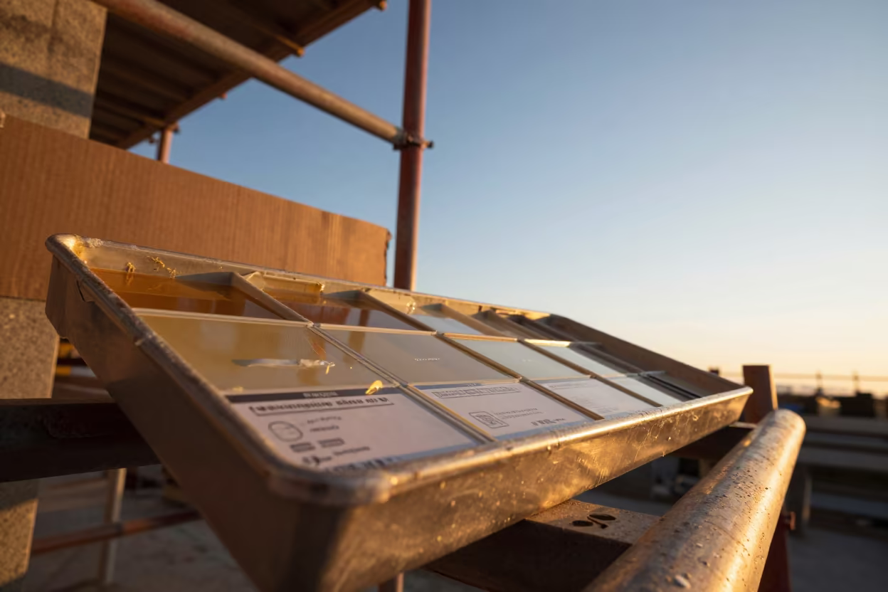 Paint Sample Tray on Scaffold Near Naha in along a scaffolded facade near Naha