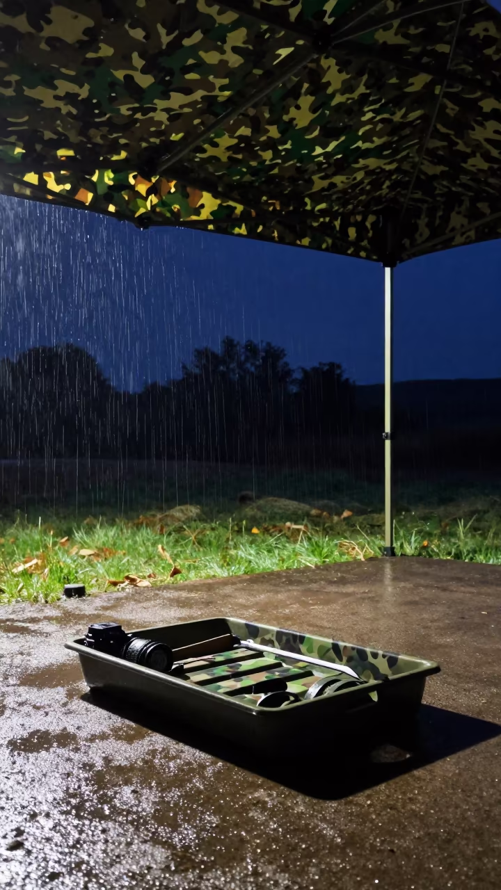 Paint Tray Under Camo Net Scotland Midnight in beneath a camouflage net shelter in Scotland