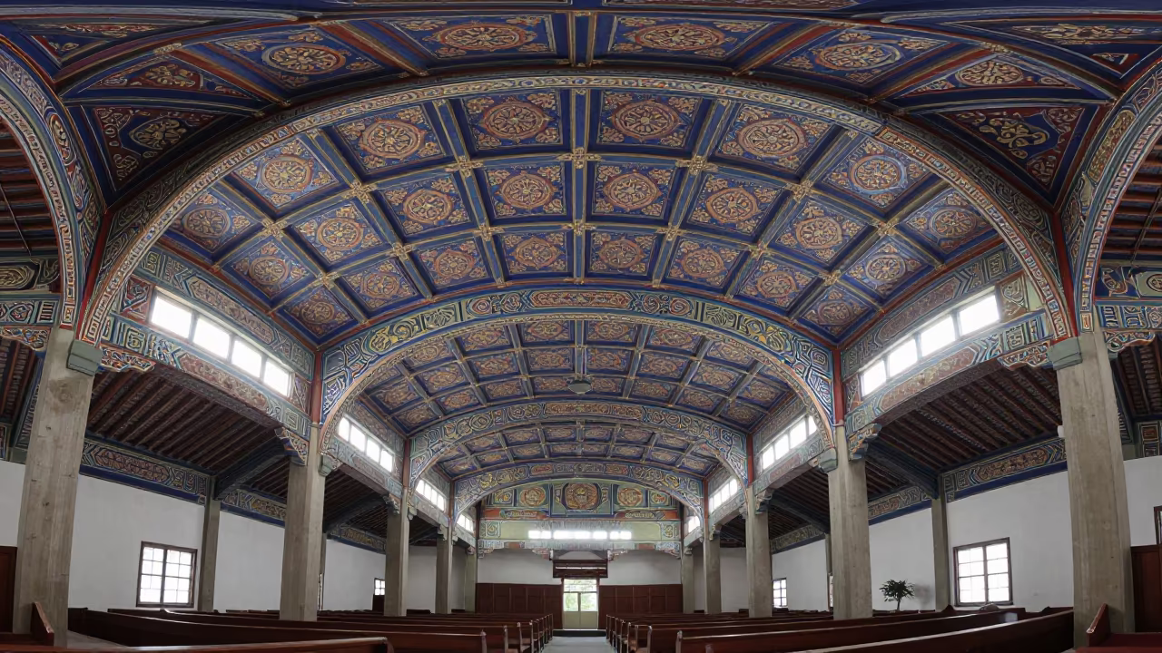 Painted Ceiling Patterns in Taichung Synagogue Hall in inside a timber synagogue hall in Taichung