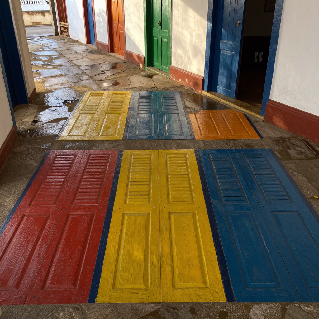 Painted Shutters Cast Long Shadows in Paraty Train Terminal in inside a restored train terminal in Paraty