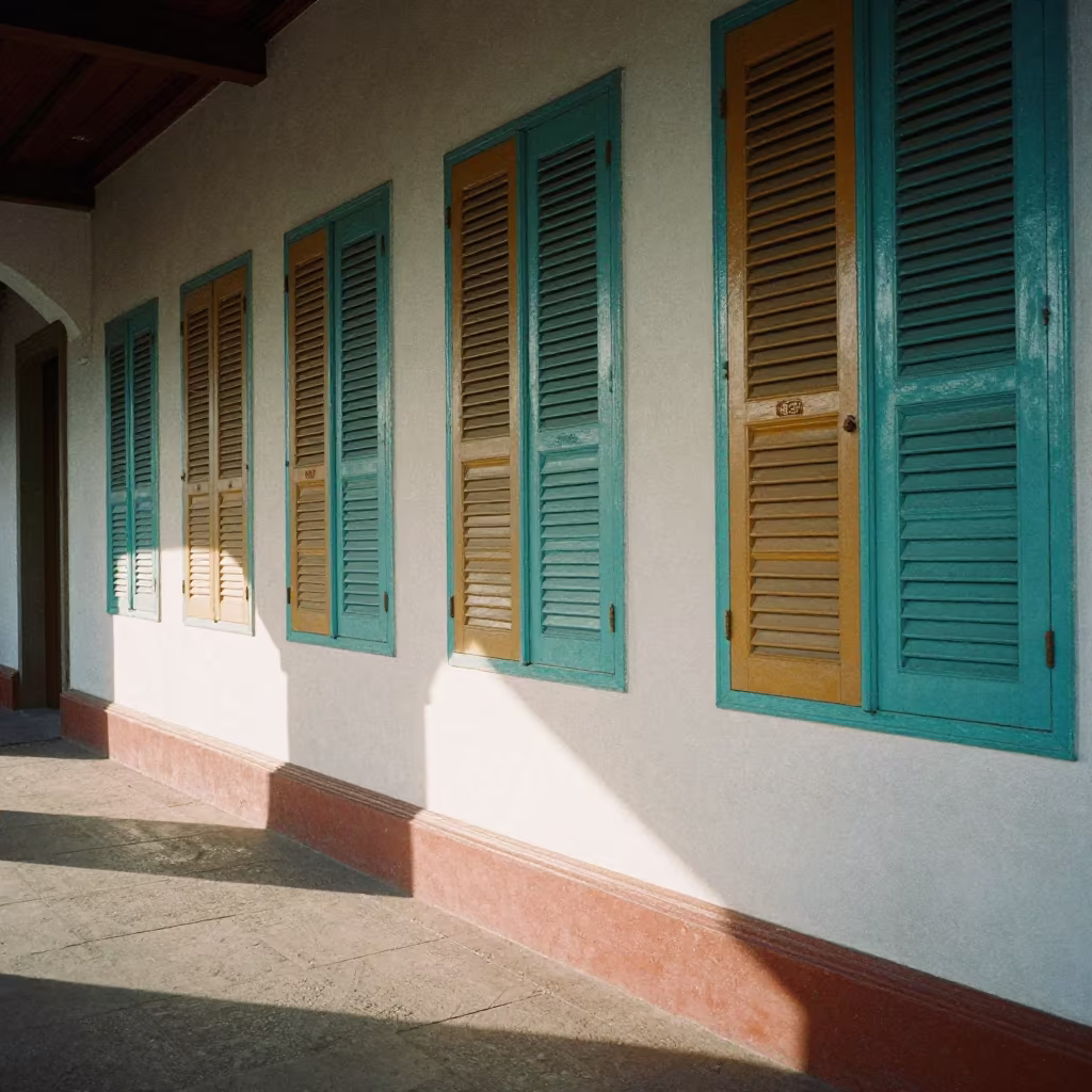 Painted Shutters Long Shadows Train Terminal in inside a restored train terminal near Morelia